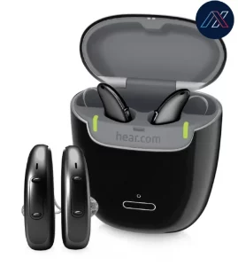 black hearing aids with a black charging case with green lights illuminated 