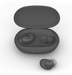 earbud style hearing aids in a charging case 