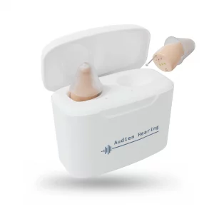 hearing aids in a white charging case