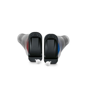 small blue red and black hearing aids 